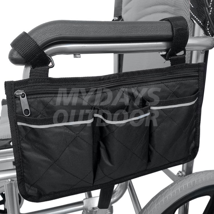 Bolsa lateral para silla de ruedas, bolsa impermeable para reposabrazos con organizadores de almacenaje para cables negros brillantes para andadores, andadores, MDSOW-1