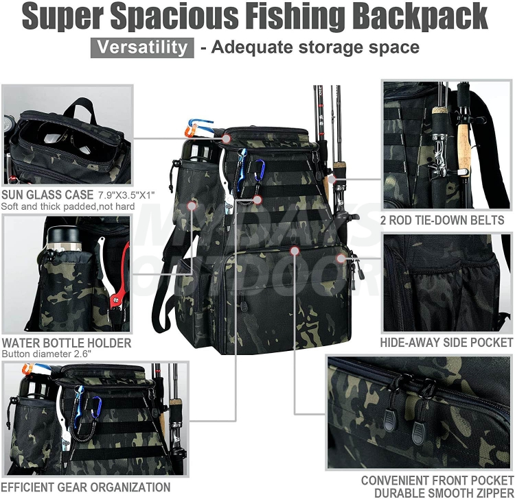 大容量の釣り用バックパック、釣り竿ホルダー 2 個付き MDSFB-2 