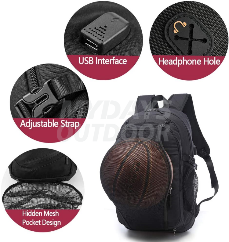 Waterdichte sportbasketbalrugzakken Tassen voor laptopvoetbal met mesh-balcompartiment Zwart MDSSB-4