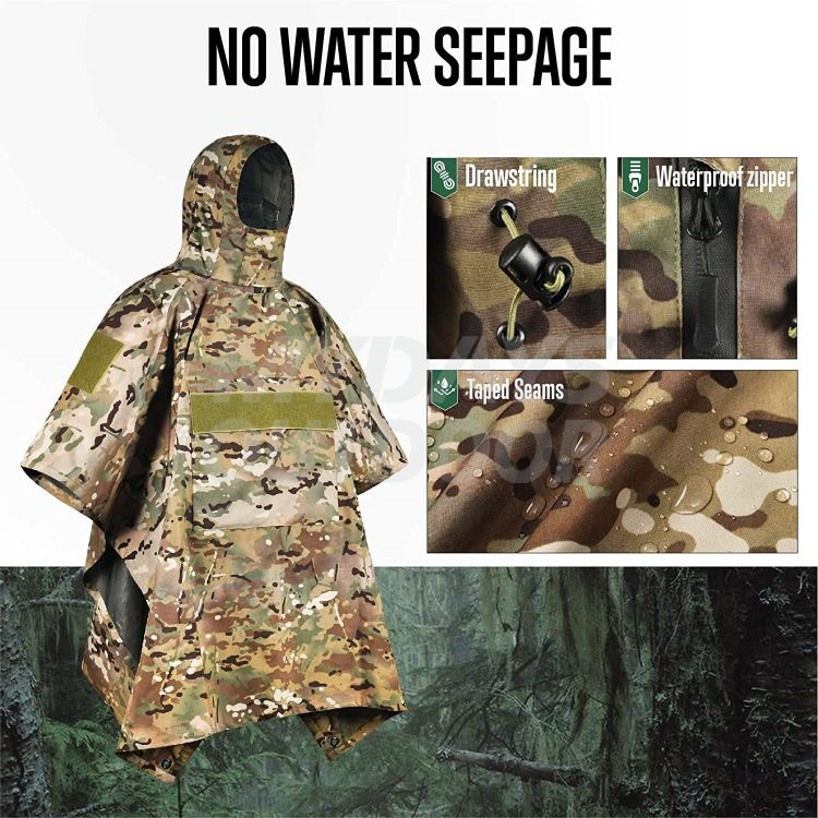 New Military Spec Waterproof Poncho – Lightweight, With Drawcord Hood & Carry Bag (MTP Camo Pattern)
