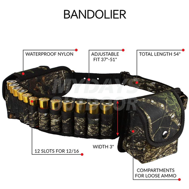 Shotshell Bandolier Soporte para carcasa de escopeta con cinturón de nailon ajustable calibre 12 16 MDSHA-16