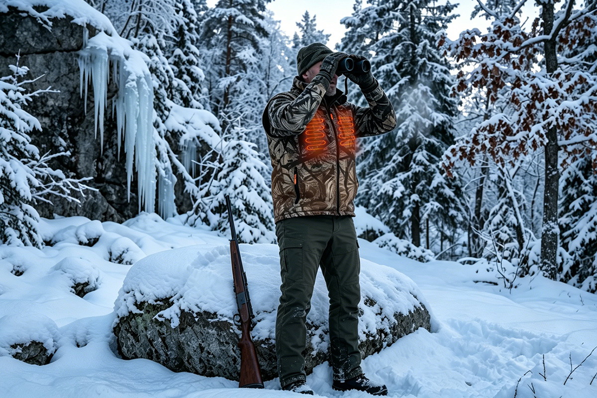Hunter wearing a heated camouflage jacket in winter