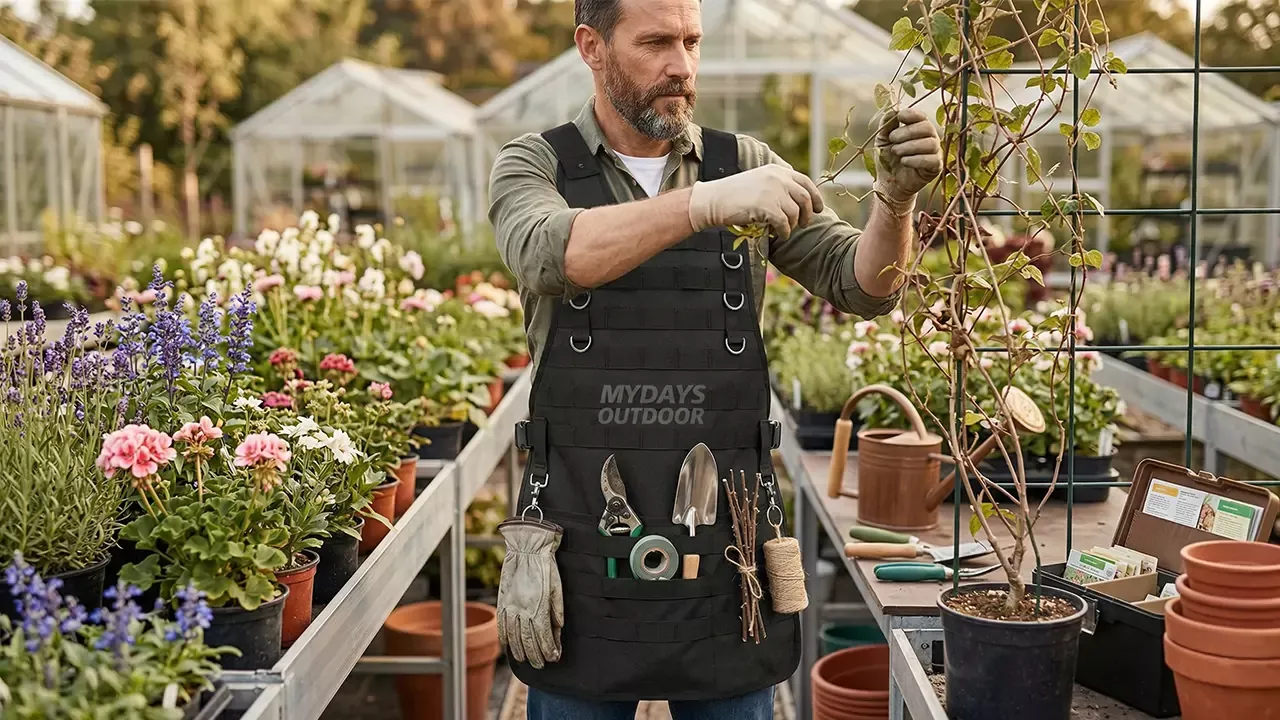 Wholesale heavy-duty tactical garden apron for professional landscaping crews by MYDAYS OUTDOOR, being used by a professional gardener in a commercial greenhouse to organize a garden tool set and pruning shears.
