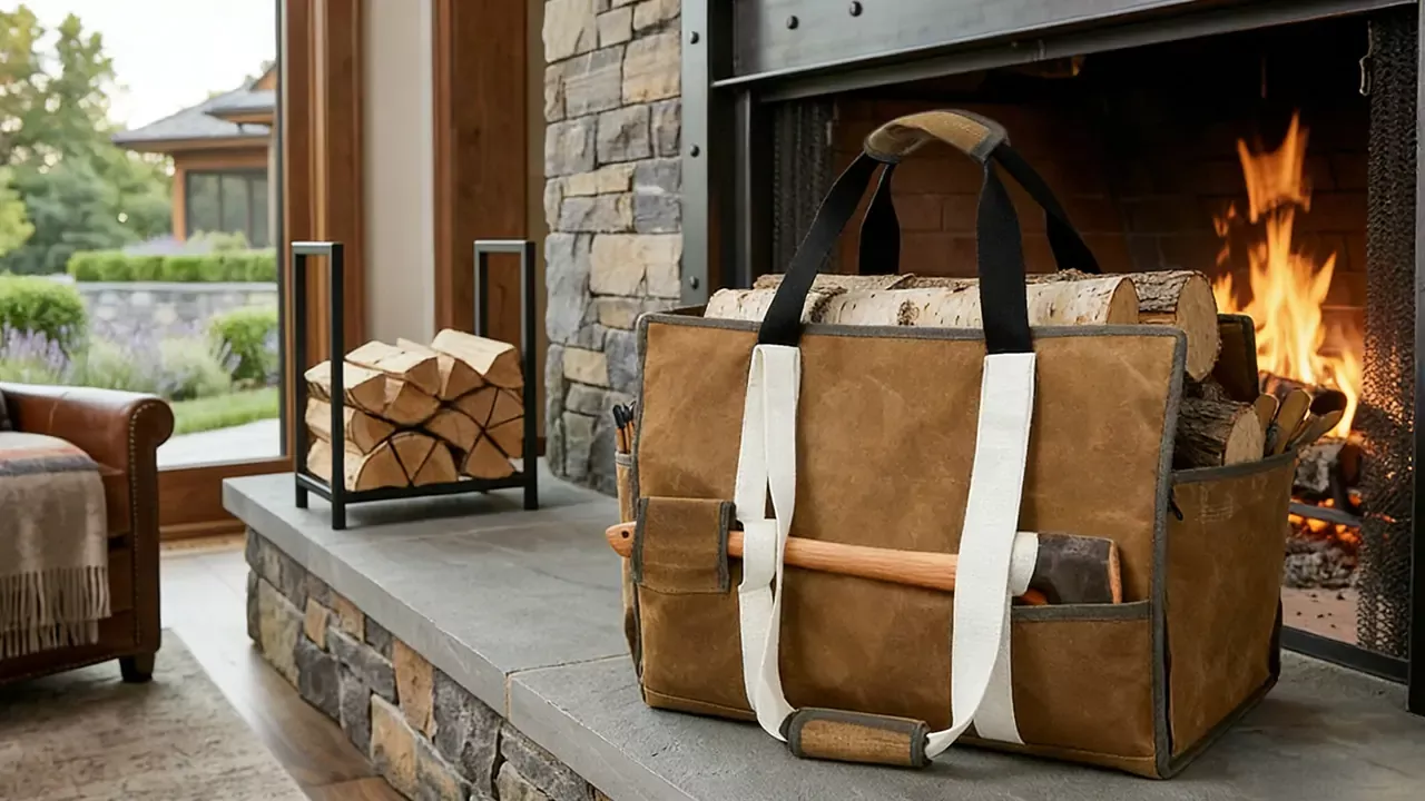 Premium waxed canvas log carrier tote bag loaded with firewood, featuring heavy-duty straps and an axe pocket. Sitting on a stone hearth by a luxury resort fireplace, showcasing wholesale firewood management solutions by MYDAYS OUTDOOR.