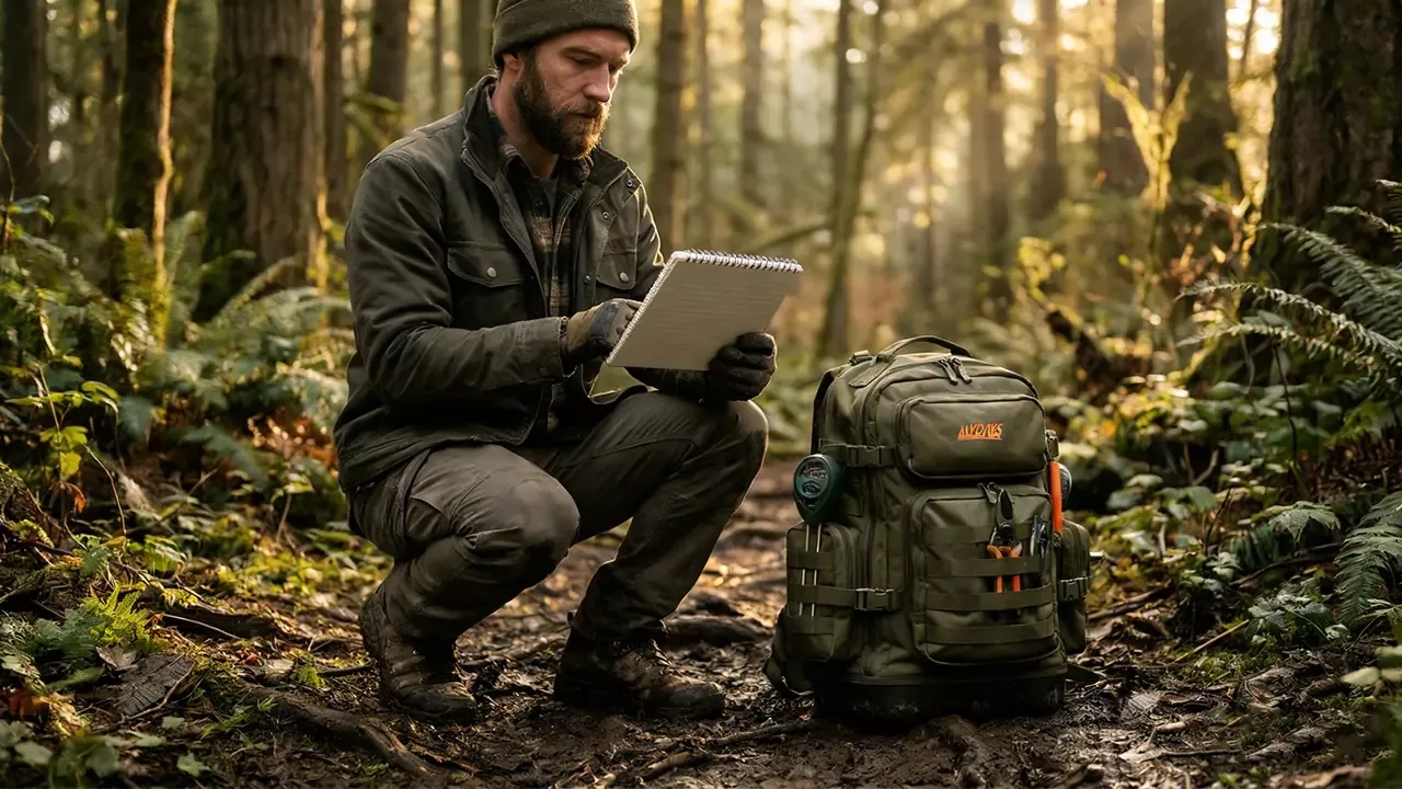 Heavy-duty Mydays Oxford fabric utility backpack with MOLLE pouch attachments sitting on muddy ground at a professional environmental survey site, illustrating industrial load capacity and modularity for B2B sourcing.