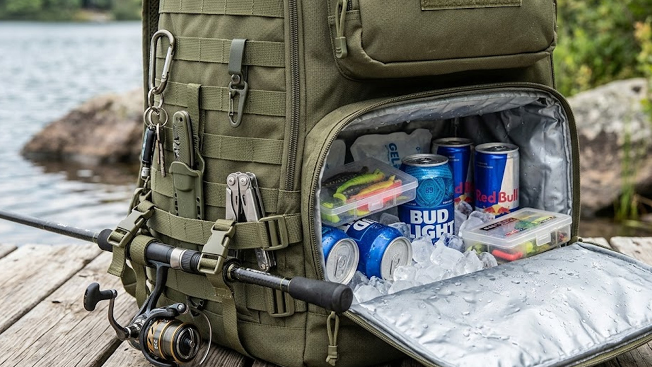 High margin wholesale fish cooler backpack with insulated compartments and MOLLE webbing for retail