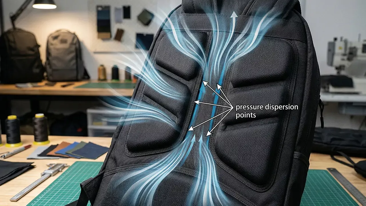 A close-up detail shot of the Mydays heavy-duty backpack's back panel highlights its breathable padding system, which utilizes 3D-molded foam blocks; the image clearly showcases the vertical airflow channel design as well as optimized, ergonomic load-management features.