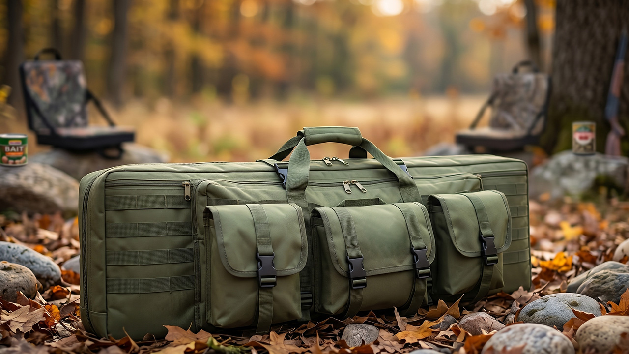 Heavy-duty olive green double rifle case with MOLLE webbing and multiple storage pouches in an outdoor hunting setting.
