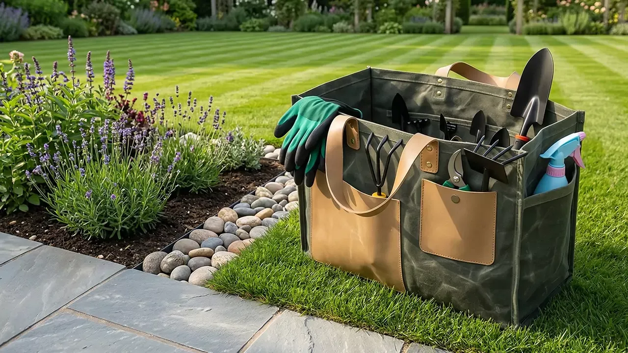 Large wholesale green fingers canvas garden tool bag caddy with multiple pockets, organizers, pruners, gloves, and sprayer. A durable solution for landscaping equipment and garden tool organization, sitting on a landscaped garden lawn.