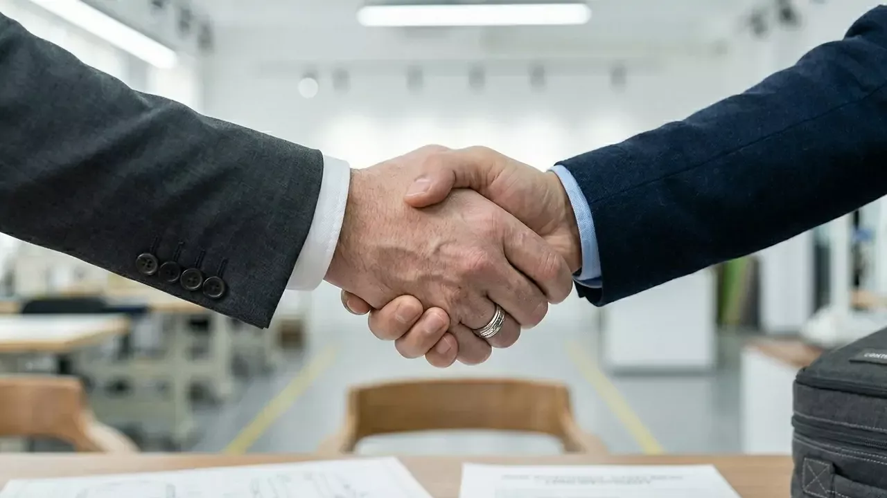 A Western purchasing manager shakes hands with a Mydays factory engineer while discussing design proposals for private-label backpacks—a scene symbolizing the professional prowess of direct-from-factory sourcing, exceptional R&D capabilities, and a robust strategic B2B procurement partnership.