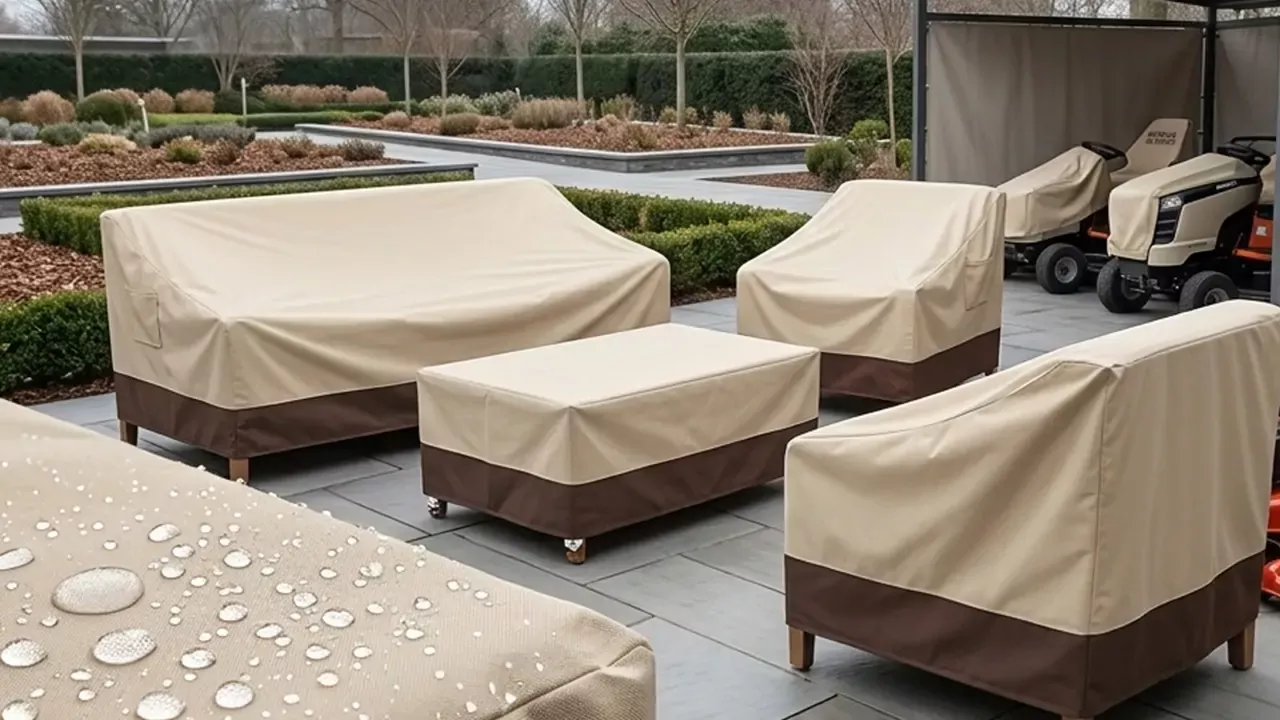 Commercial fleet of lawn mowers and luxury outdoor resort furniture fully protected by Mydays Outdoor heavy-duty waterproof sofa and seat covers during the off-season. Highlights asset organization and long-term equipment preservation.