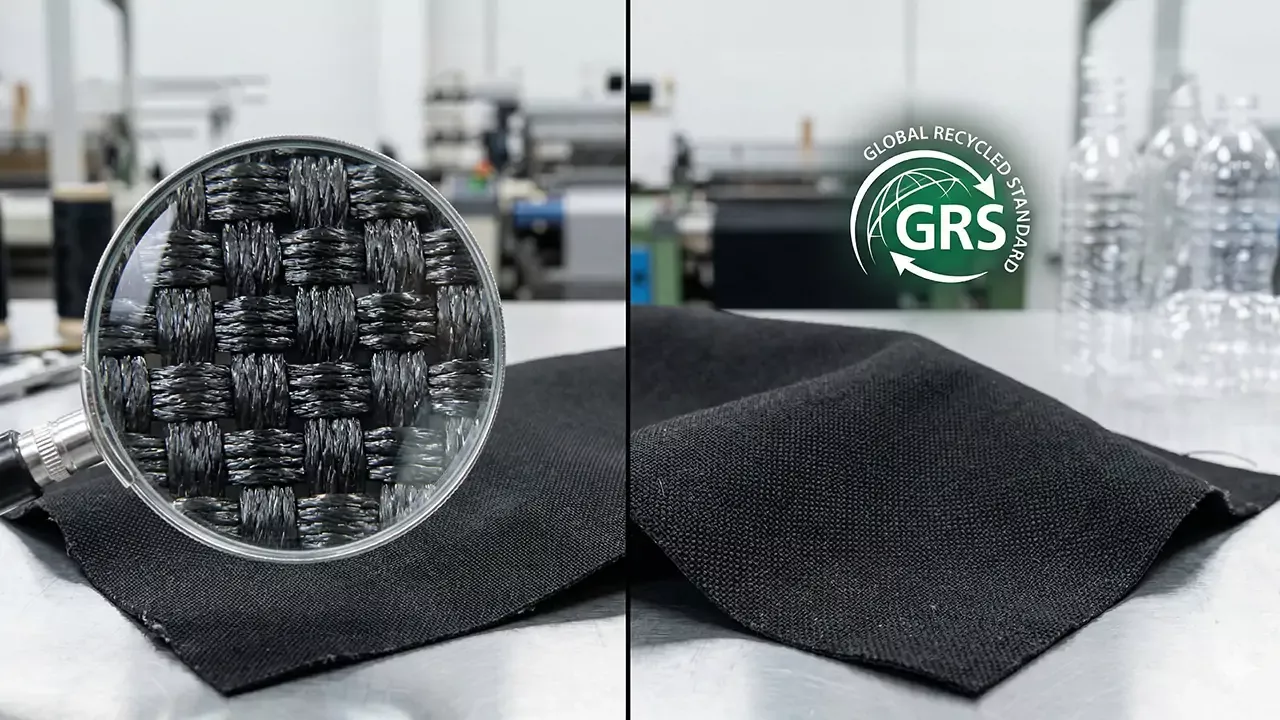 Studio Comparison: Native 900D Oxford fabric versus Recycled Oxford fabric bearing the GRS certification mark. This comparison aims to highlight Mydays Outdoor's distinct advantage in material selection—balancing exceptional tensile strength with environmental compliance.